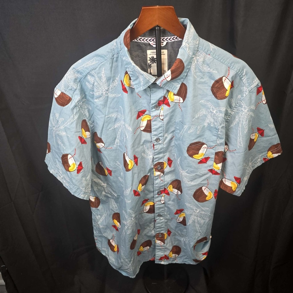 Free Planet Mens Button Up Shirt 2X Tropical Vacation Short Sleeve